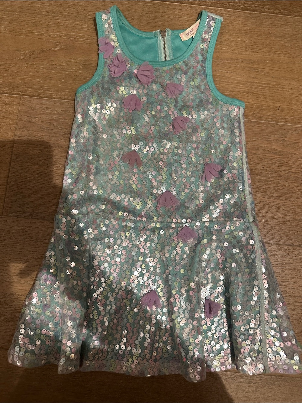Girls' Aqua Sequin Party Dress with Pink Floral Appliqués